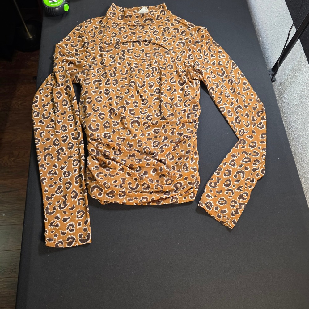 Peach Love California Leopard Print Mesh Mock Neck Keyhole Top Brown Large